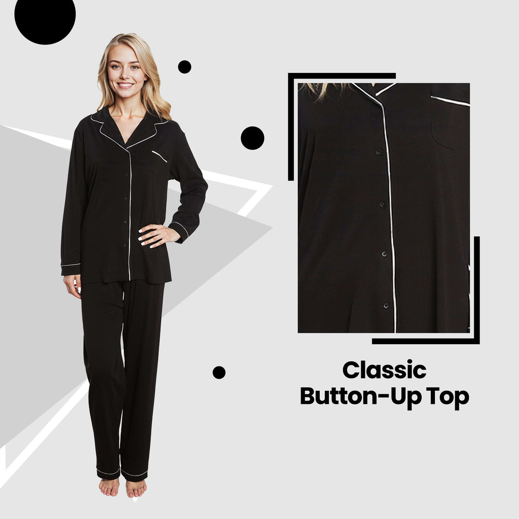 Daisy Dreamer Women's Black Pyjama Set Soft Touch Long Sleeve Button Up Top And Bottoms