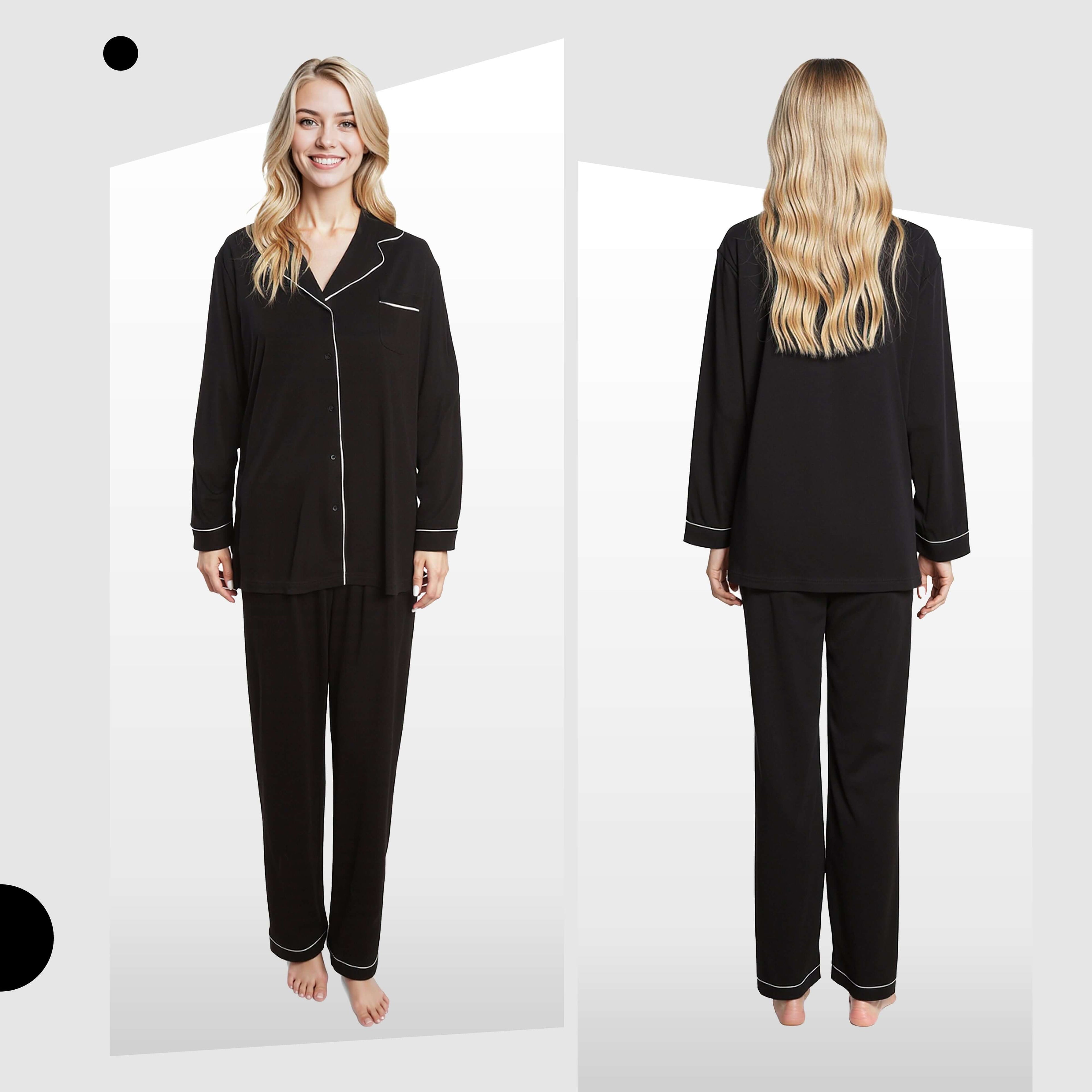 Daisy Dreamer Women's Black Pyjama Set Soft Touch Long Sleeve Button Up Top And Bottoms