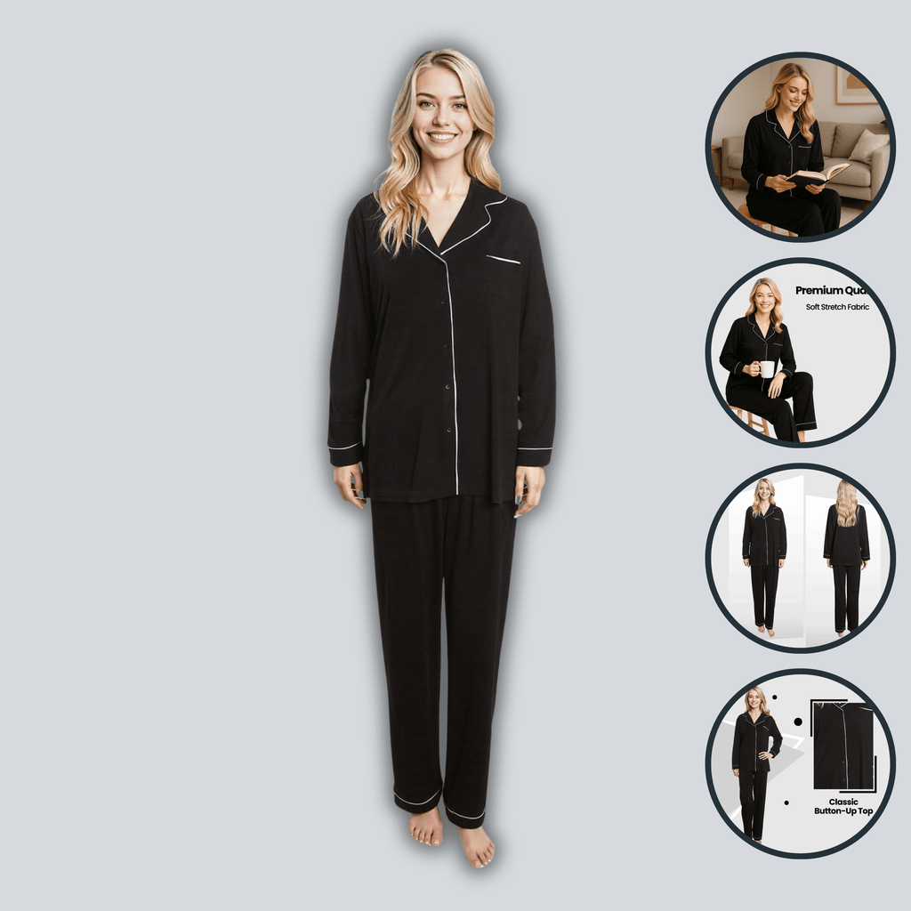 Daisy Dreamer Women's Black Pyjama Set Soft Touch Long Sleeve Button Up Top And Bottoms