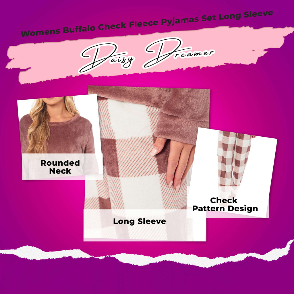 Daisy Dreamer Women's Buffalo Check Fleece Pyjama Set With Long Sleeve Top And Bottoms