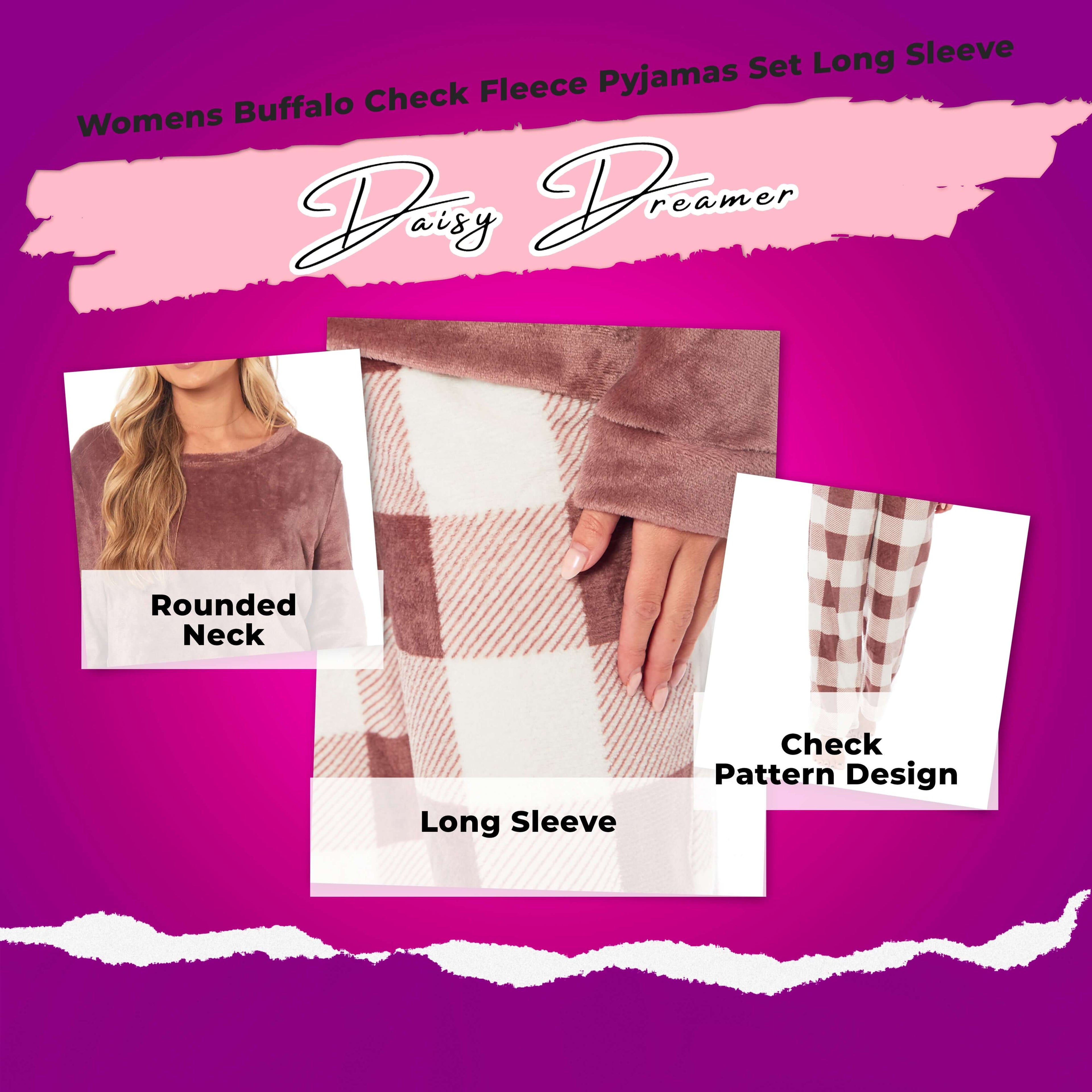 Daisy Dreamer Women's Buffalo Check Fleece Pyjama Set With Long Sleeve Top And Bottoms