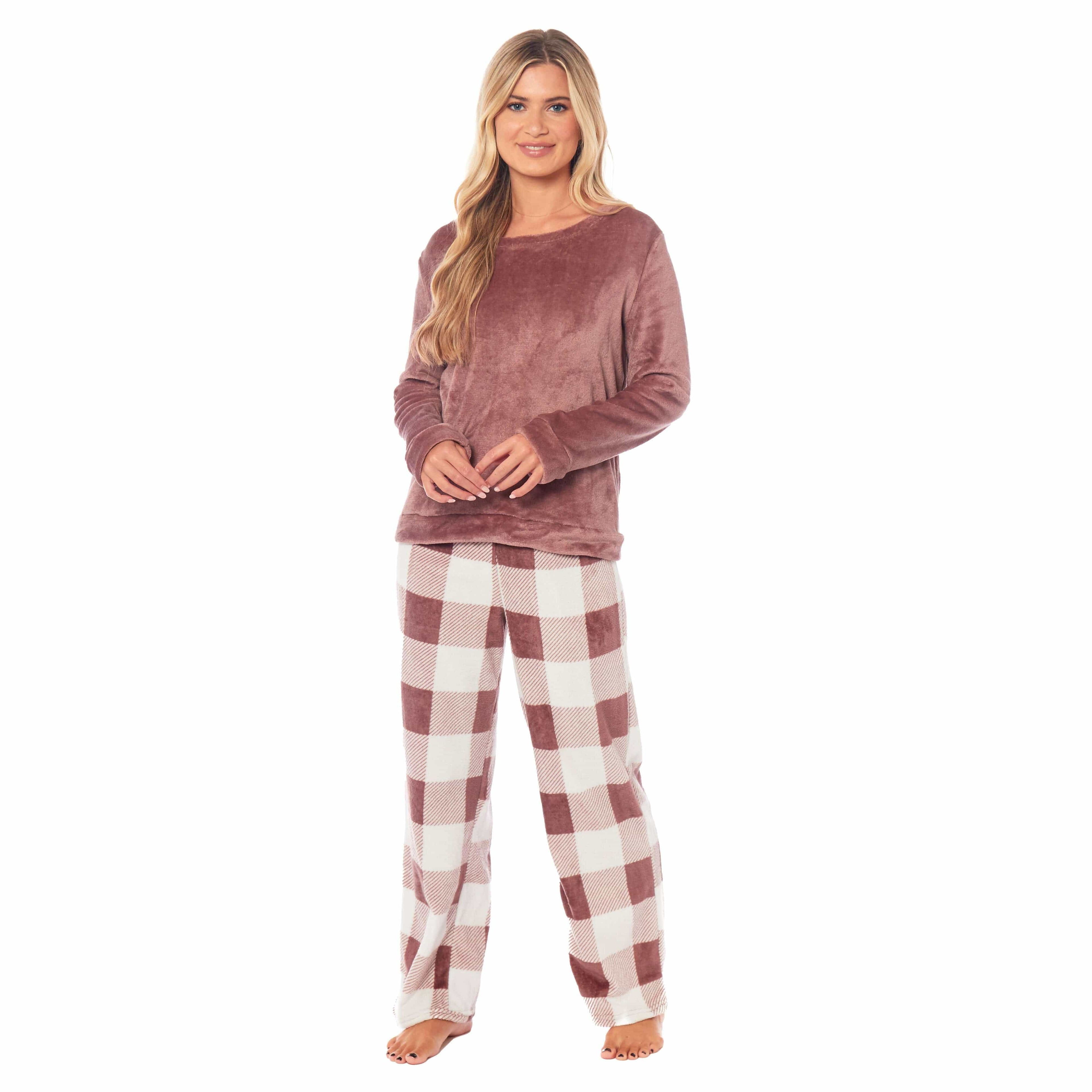 Daisy Dreamer Women's Buffalo Check Fleece Pyjama Set With Long Sleeve Top And Bottoms