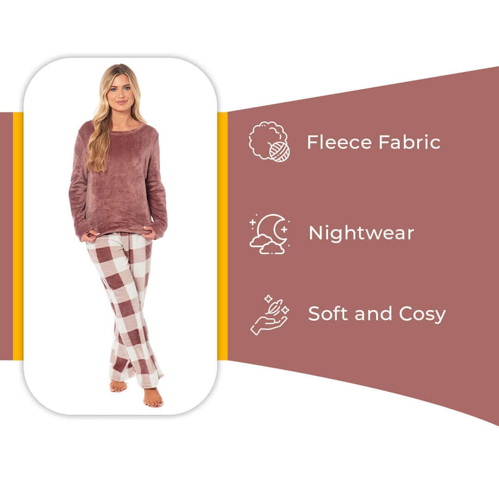 Daisy Dreamer Women's Buffalo Check Fleece Pyjama Set With Long Sleeve Top And Bottoms