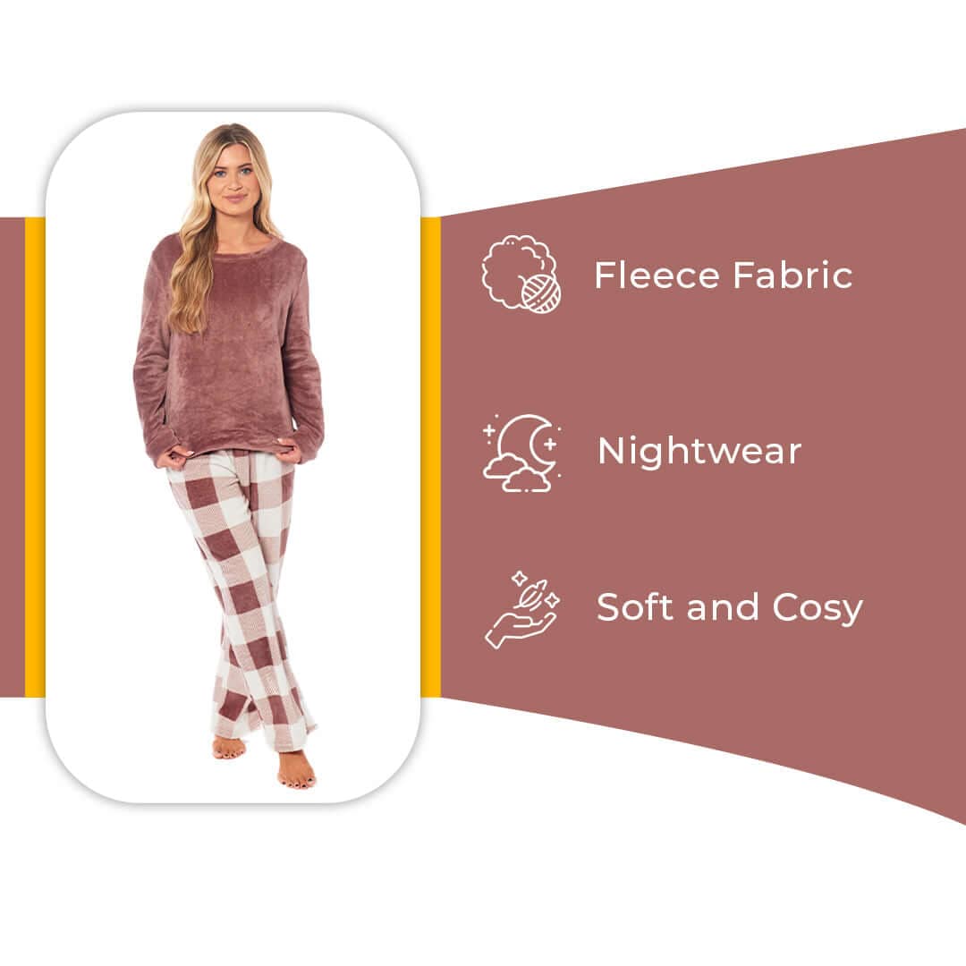 Daisy Dreamer Women's Buffalo Check Fleece Pyjama Set With Long Sleeve Top And Bottoms