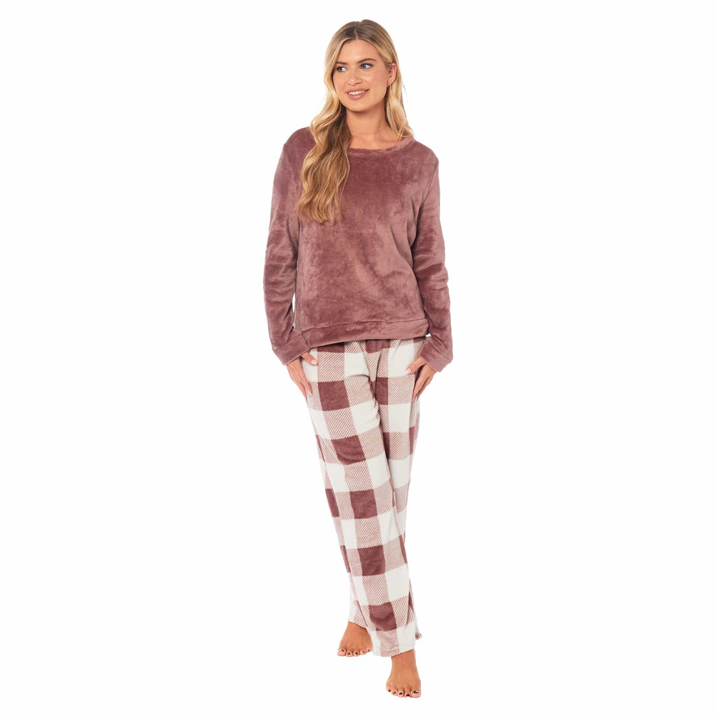 Daisy Dreamer Women's Buffalo Check Fleece Pyjama Set With Long Sleeve Top And Bottoms