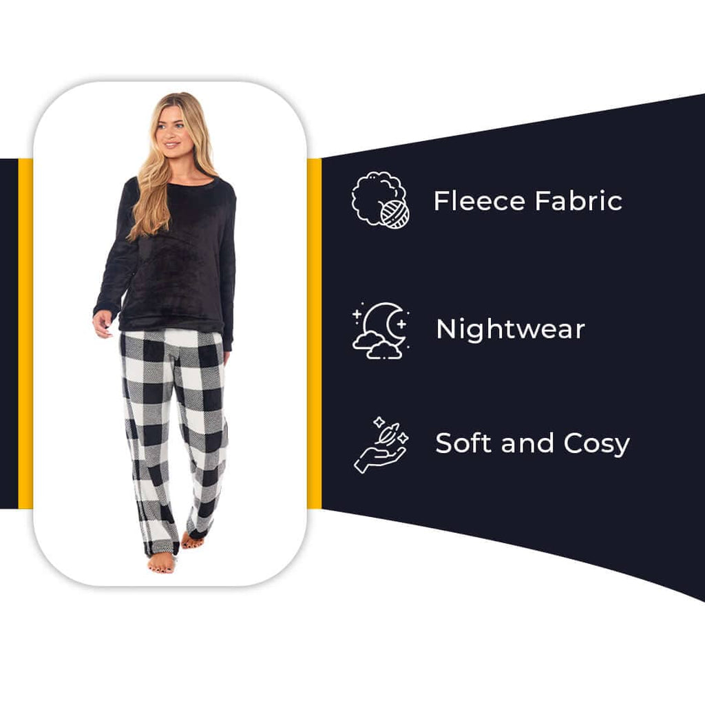 Daisy Dreamer Women's Buffalo Check Fleece Pyjama Set With Long Sleeve Top And Bottoms