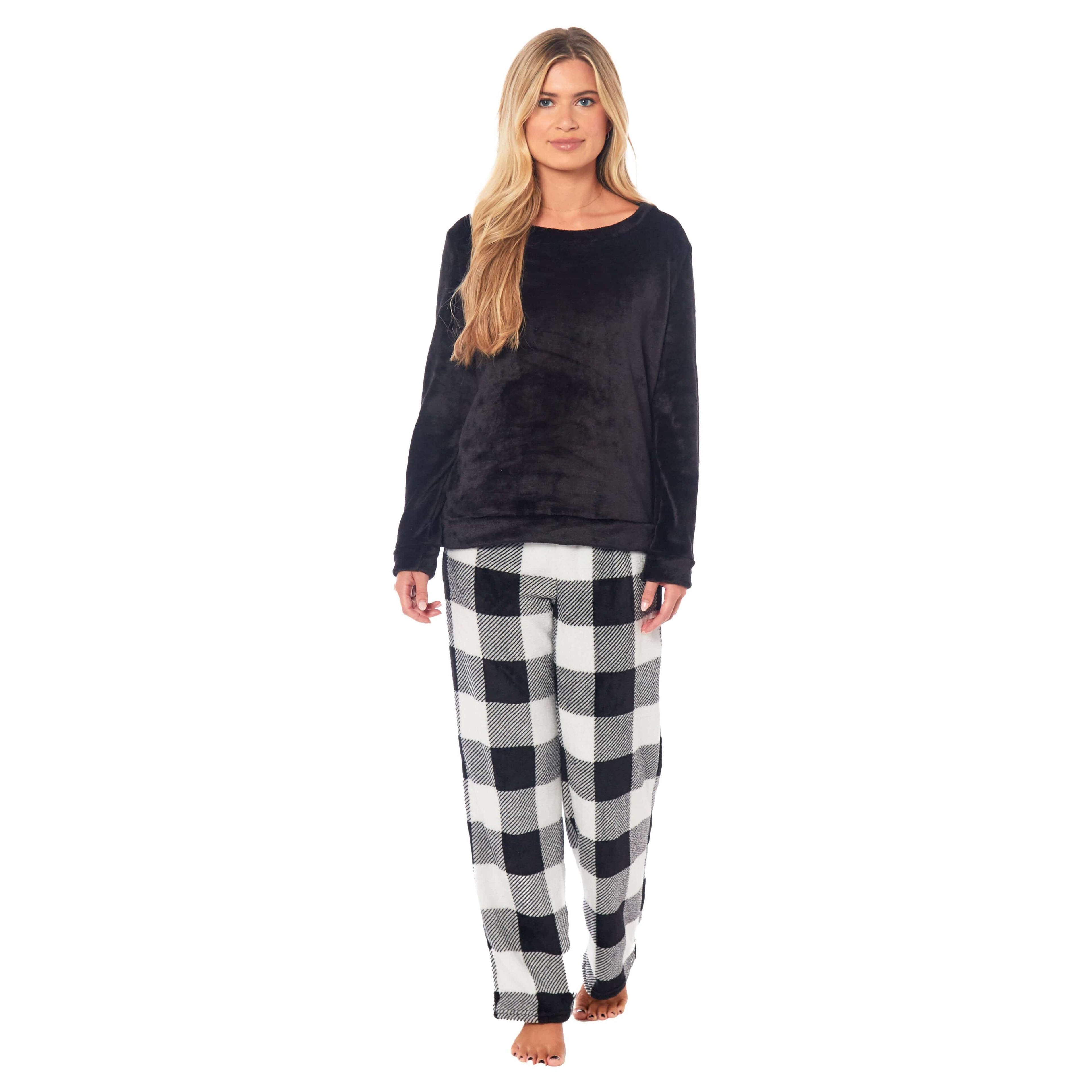 Daisy Dreamer Women's Buffalo Check Fleece Pyjama Set With Long Sleeve Top And Bottoms