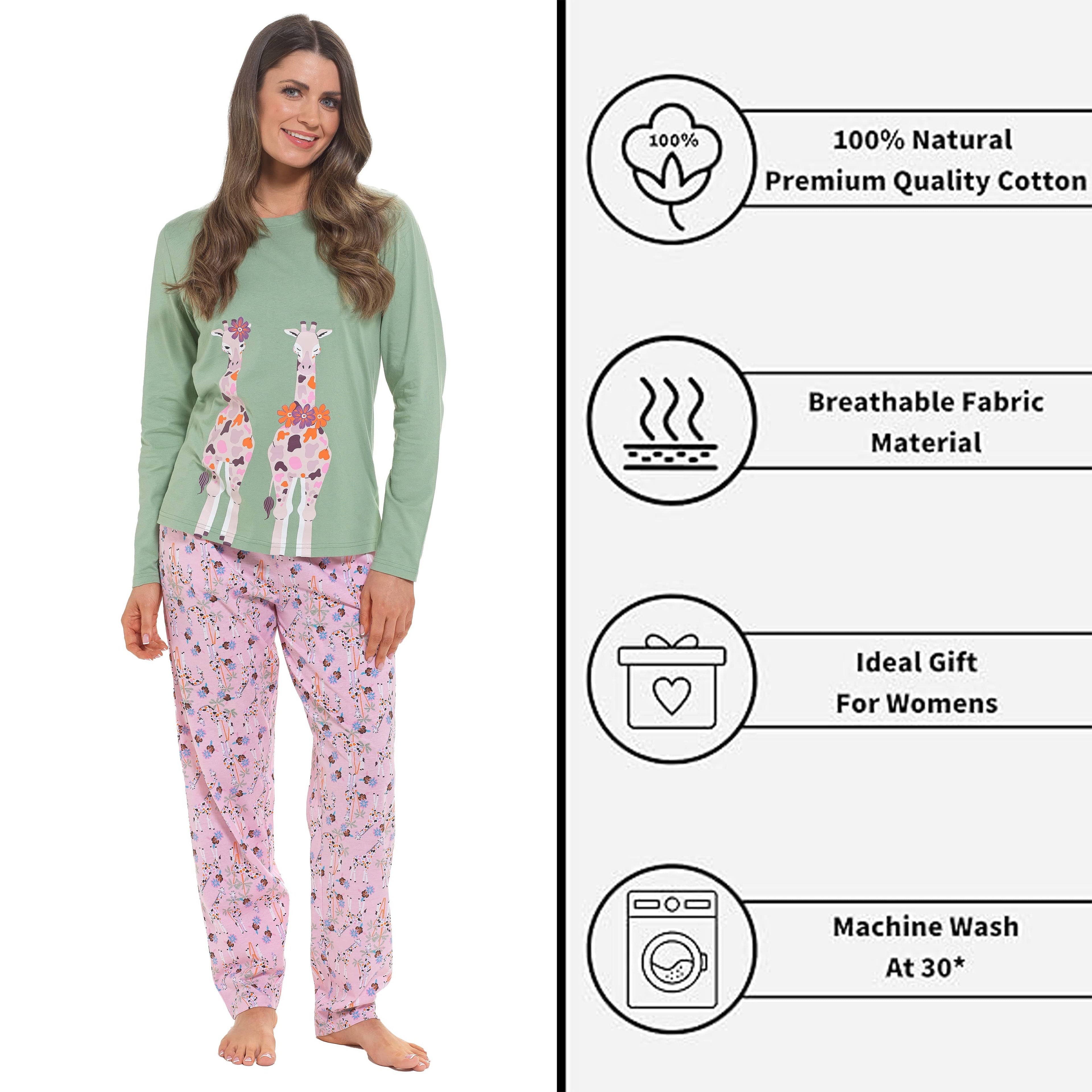 Daisy Dreamer Womens Giraffe Cotton Jersey Long Sleeve Pyjama Set For Comfortable