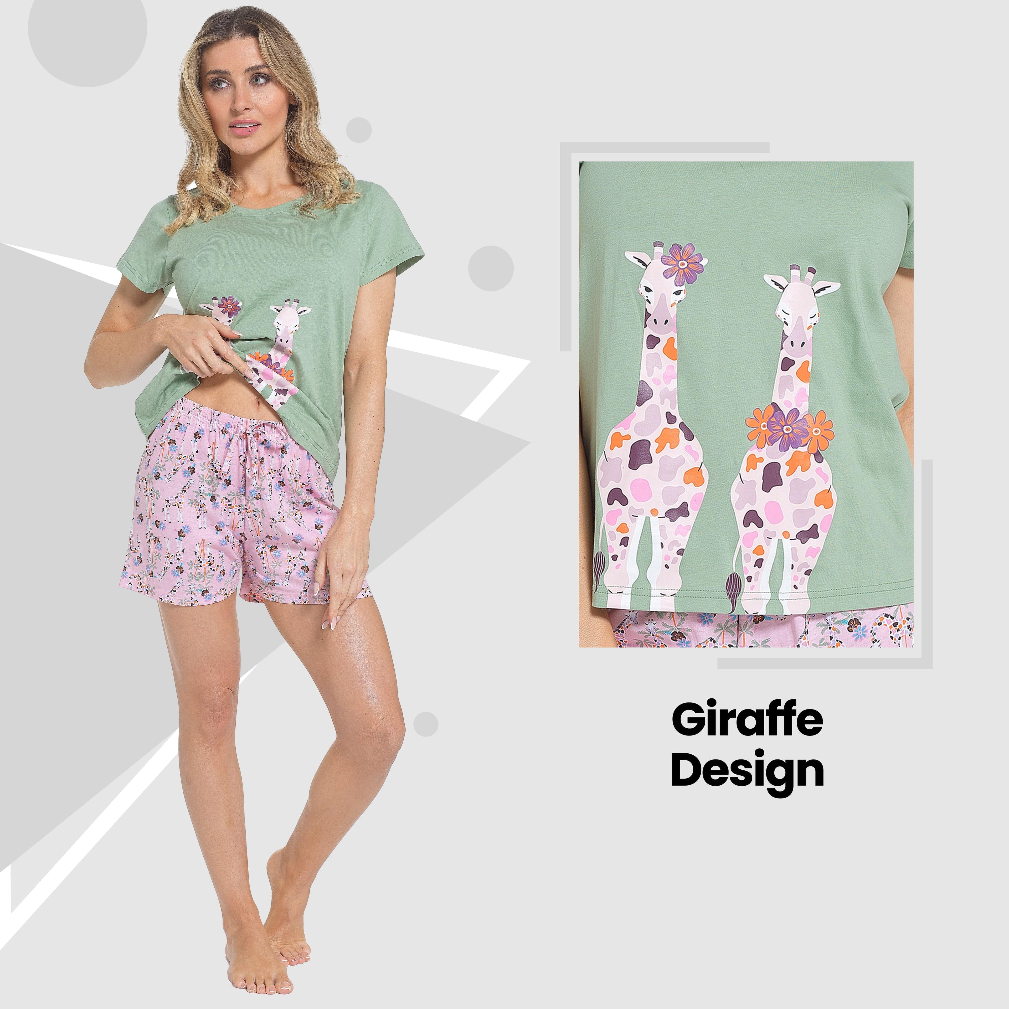 Daisy Dreamer Women's Giraffe Print Pyjama Set T Shirt And Shorts Soft Cotton Loungewear