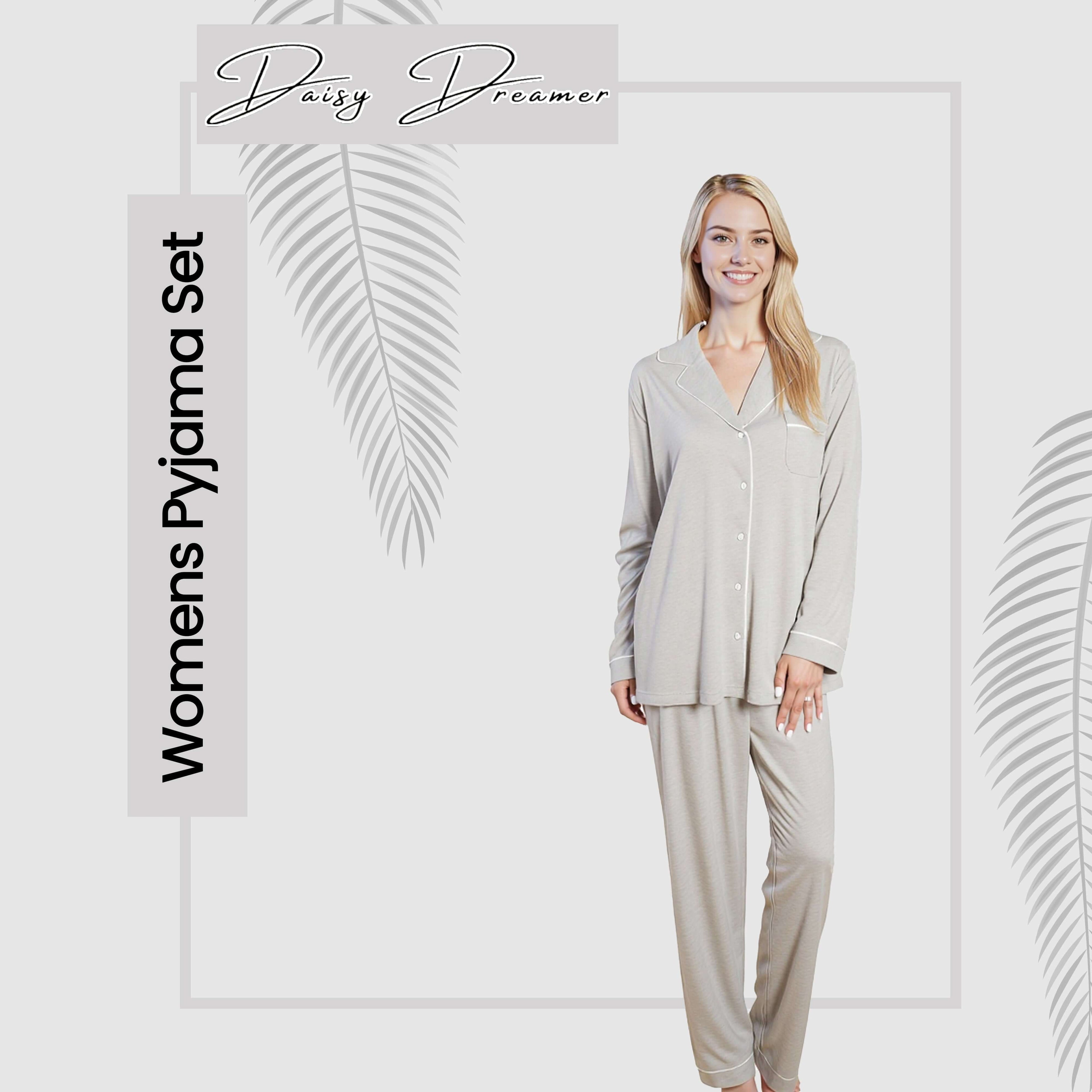 Daisy Dreamer Women's Grey Pyjama Set Soft Touch Long Sleeve Button Up Top and Bottoms