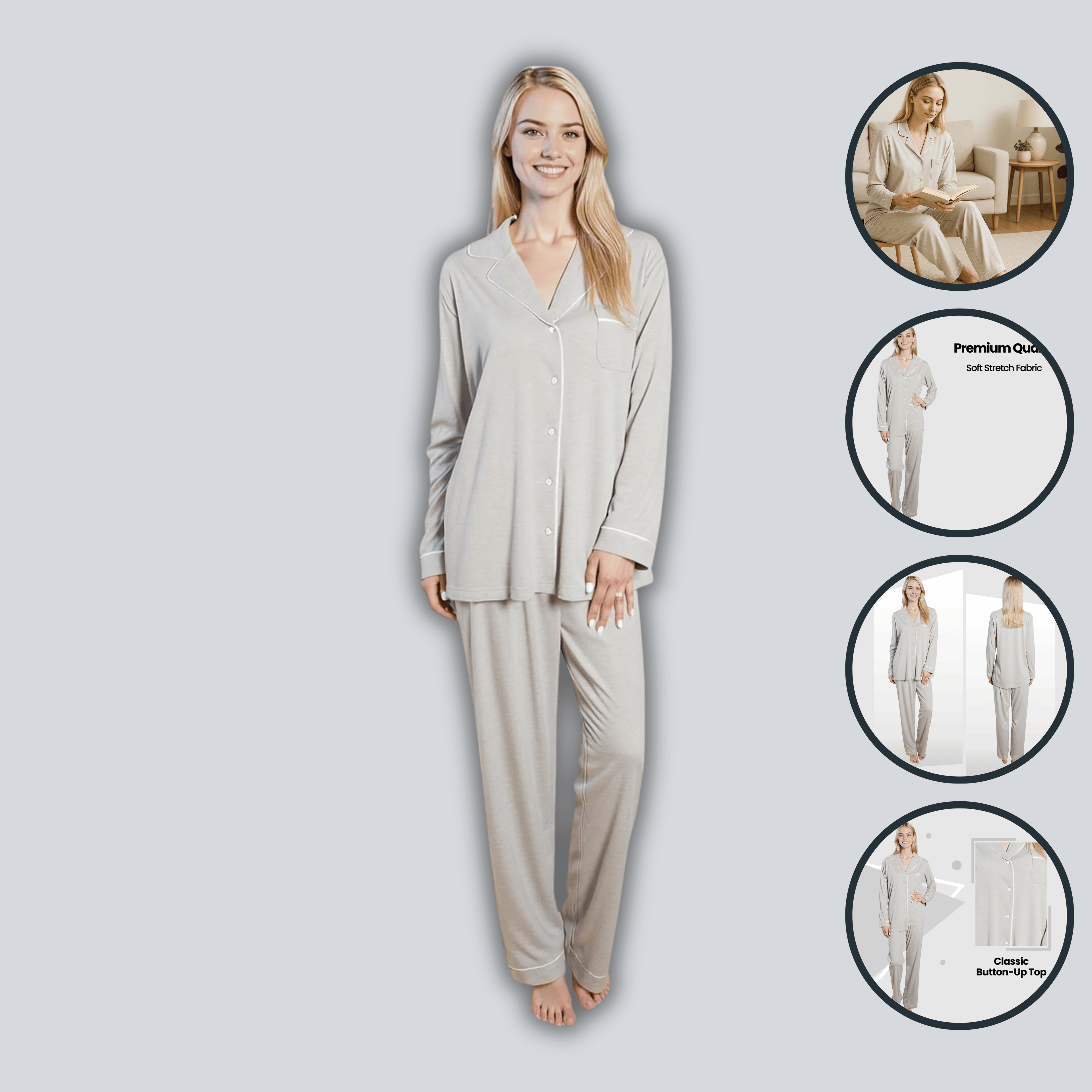 Daisy Dreamer Women's Grey Pyjama Set Soft Touch Long Sleeve Button Up Top and Bottoms