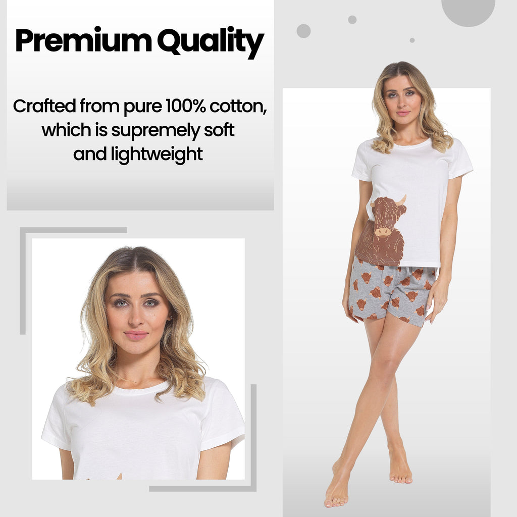 Daisy Dreamer Women's Highland Cow Pyjama Set T Shirt And Shorts Soft Cotton Loungewear