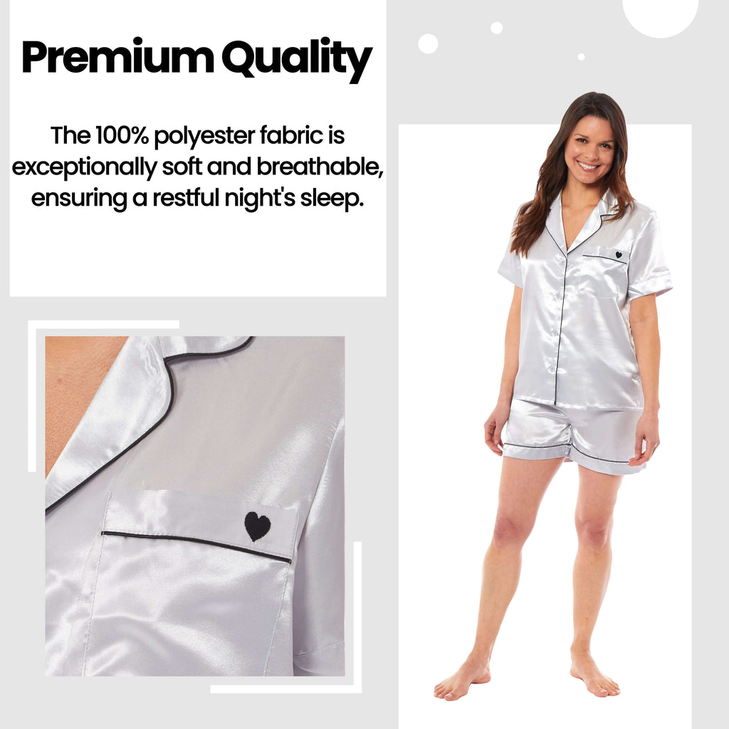 Daisy Dreamer Women's Satin Silk Short Pyjama Set Black Pink Grey UK Sizes 8-22 Easy-Care Cotton Rich Sleep Set