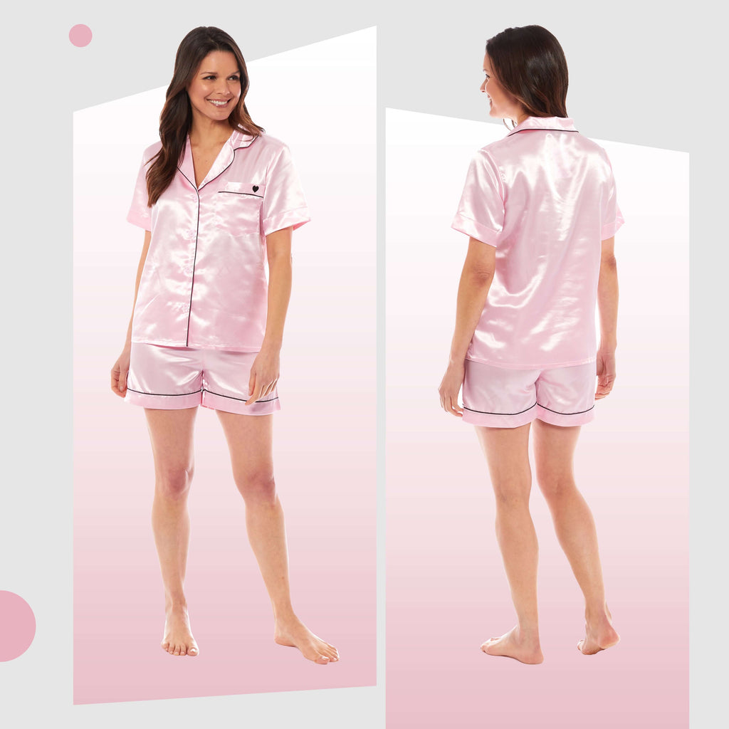 Daisy Dreamer Women's Satin Silk Short Pyjama Set Black Pink Grey UK Sizes 8-22 Easy-Care Cotton Rich Sleep Set