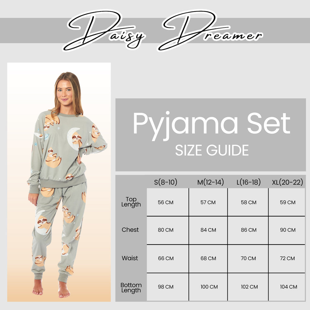 Daisy Dreamer Women's Sloth Fleece Pyjama Set Long Sleeve Animal Print Warm Sleepwear