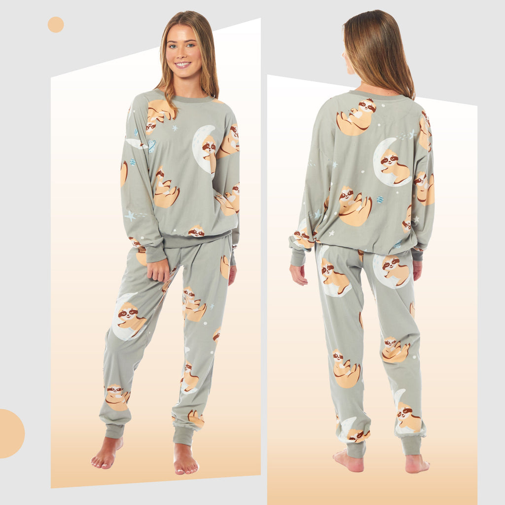 Daisy Dreamer Women's Sloth Fleece Pyjama Set Long Sleeve Animal Print Warm Sleepwear