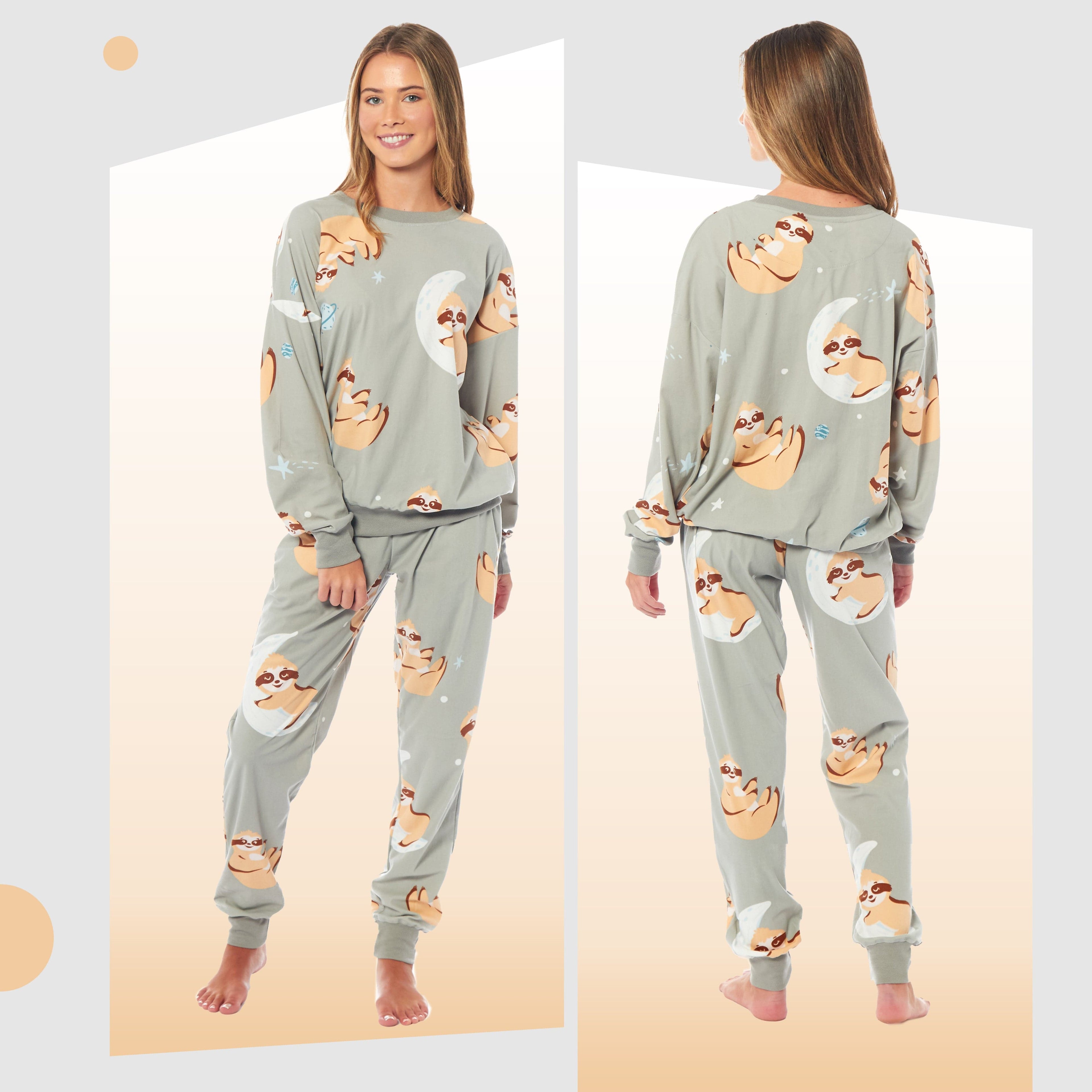 Daisy Dreamer Women's Sloth Fleece Pyjama Set Long Sleeve Animal Print Warm Sleepwear