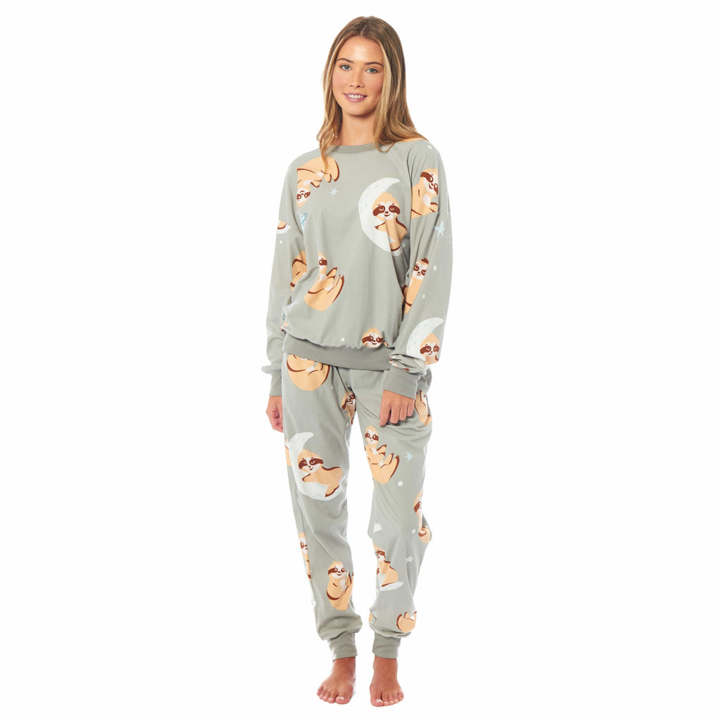 Daisy Dreamer Women's Sloth Fleece Pyjama Set Long Sleeve Animal Print Warm Sleepwear