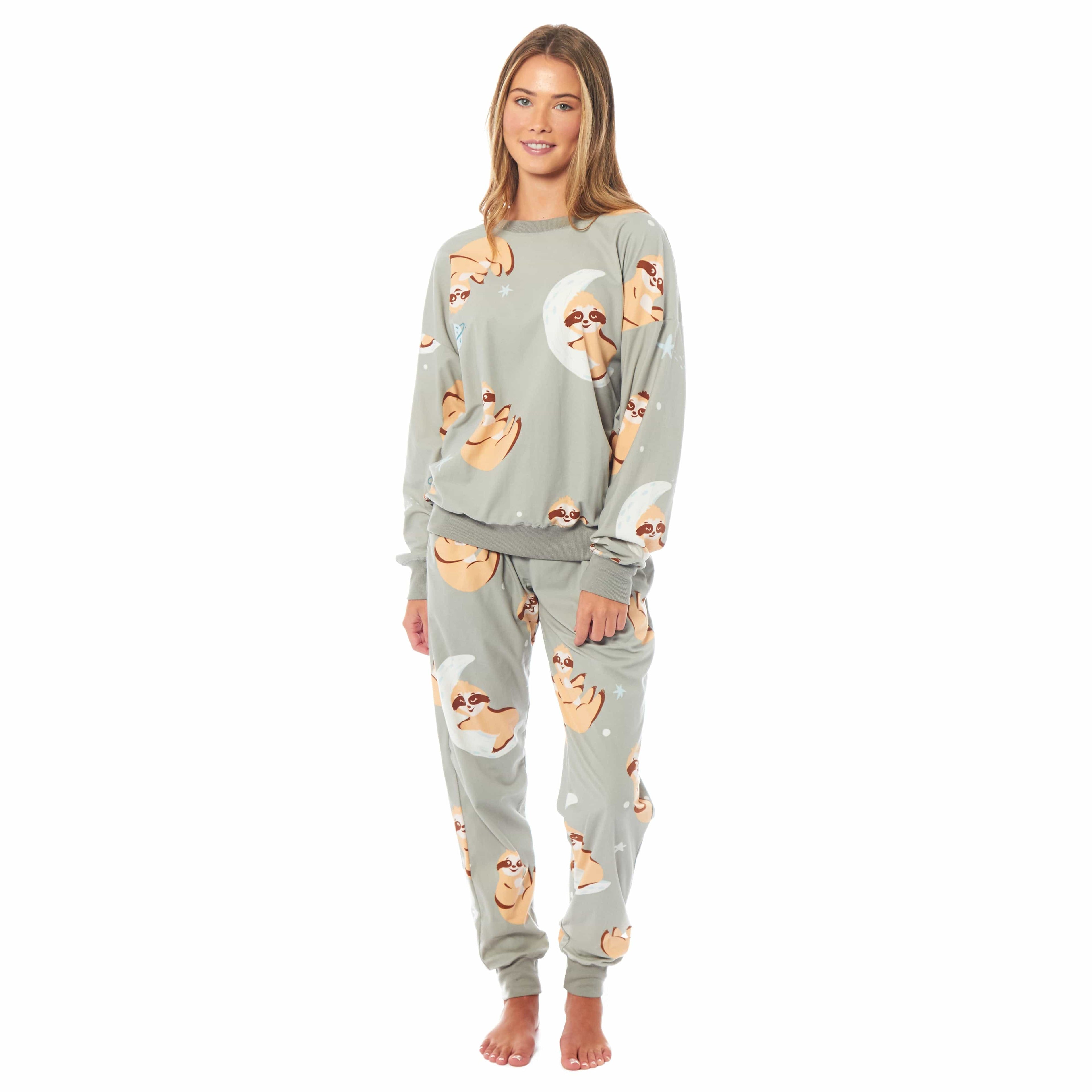Daisy Dreamer Women's Sloth Fleece Pyjama Set Long Sleeve Animal Print Warm Sleepwear