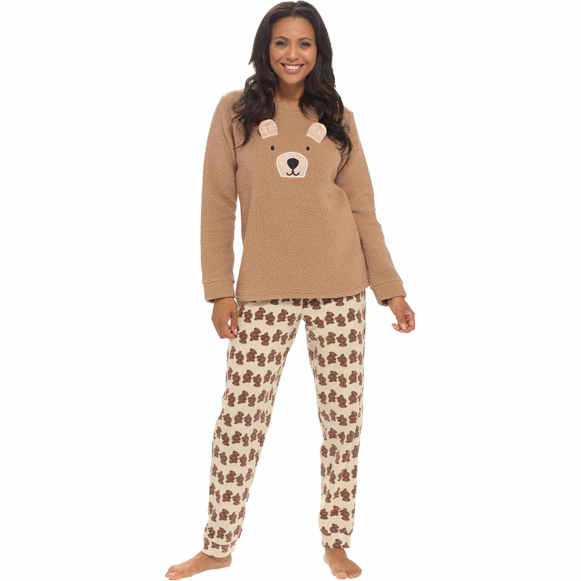 Daisy Dreamer Women's Teddy Bear Fleece Pyjama Set Long Sleeve Top Patterned Elastic