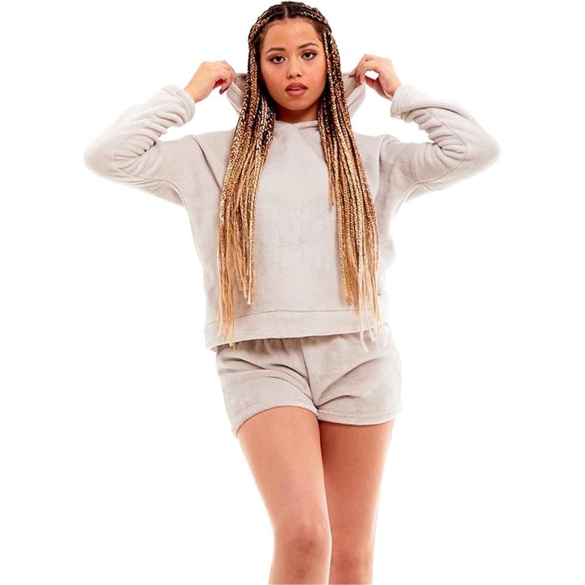 Daisy Dreamer Women's Hooded Fleece Pyjama Set With Shorts Ultra Soft Fluffy Loungewear