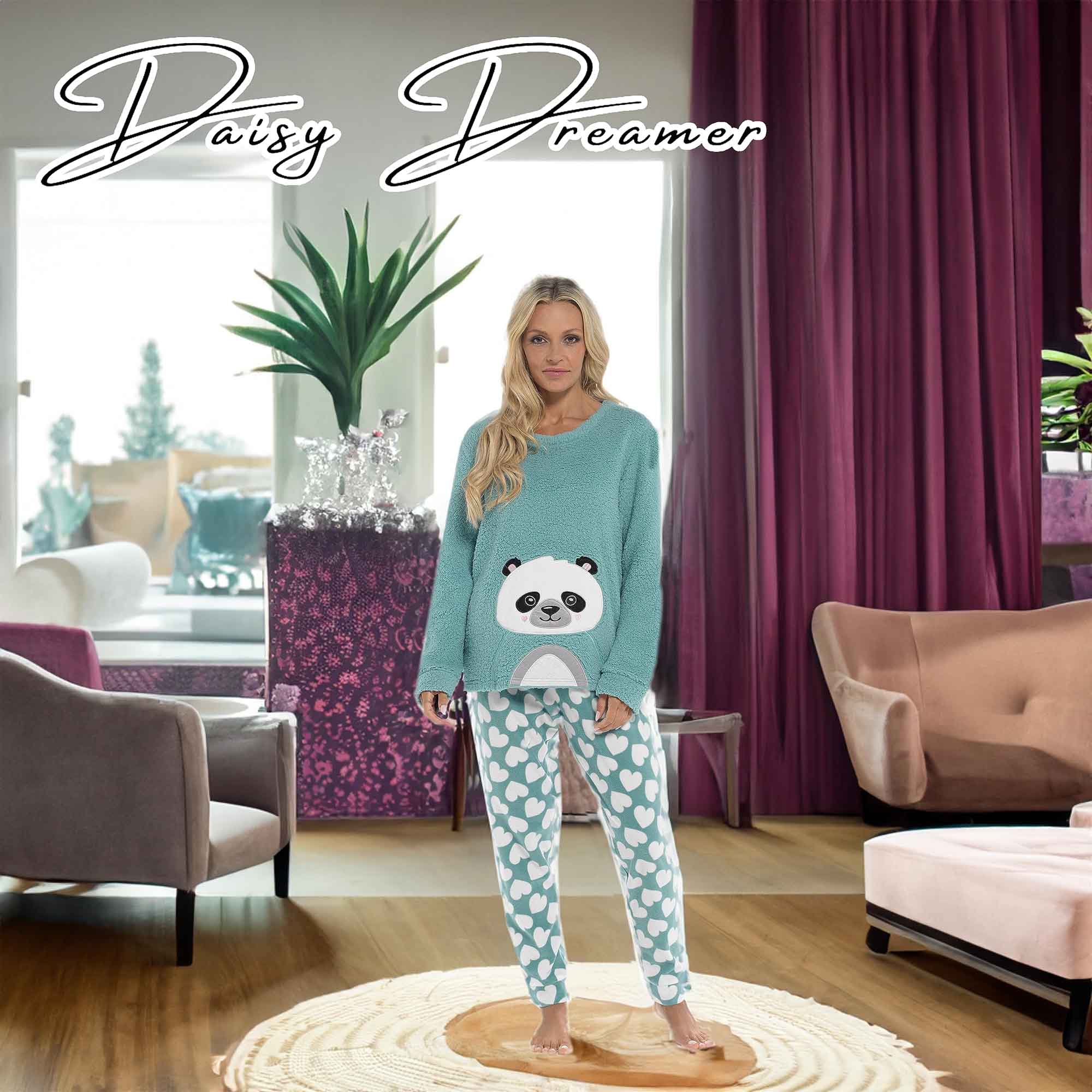 Daisy Dreamer Panda Ultra Soft Snuggle Fleece Pyjama Set For Women Cosy Winter Cosy Cotton Rich Nightwear Set